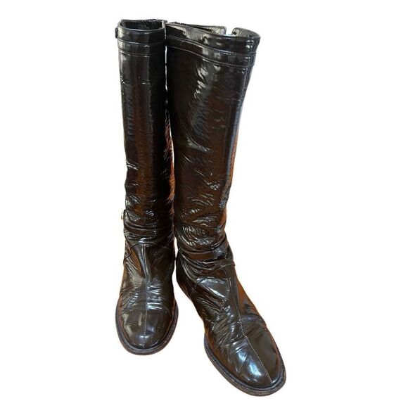 Jimmy Choo Chocolate Brown Patent Leather Riding Boots Gold Buckle Low Heel 38.5 - Picture 2 of 14
